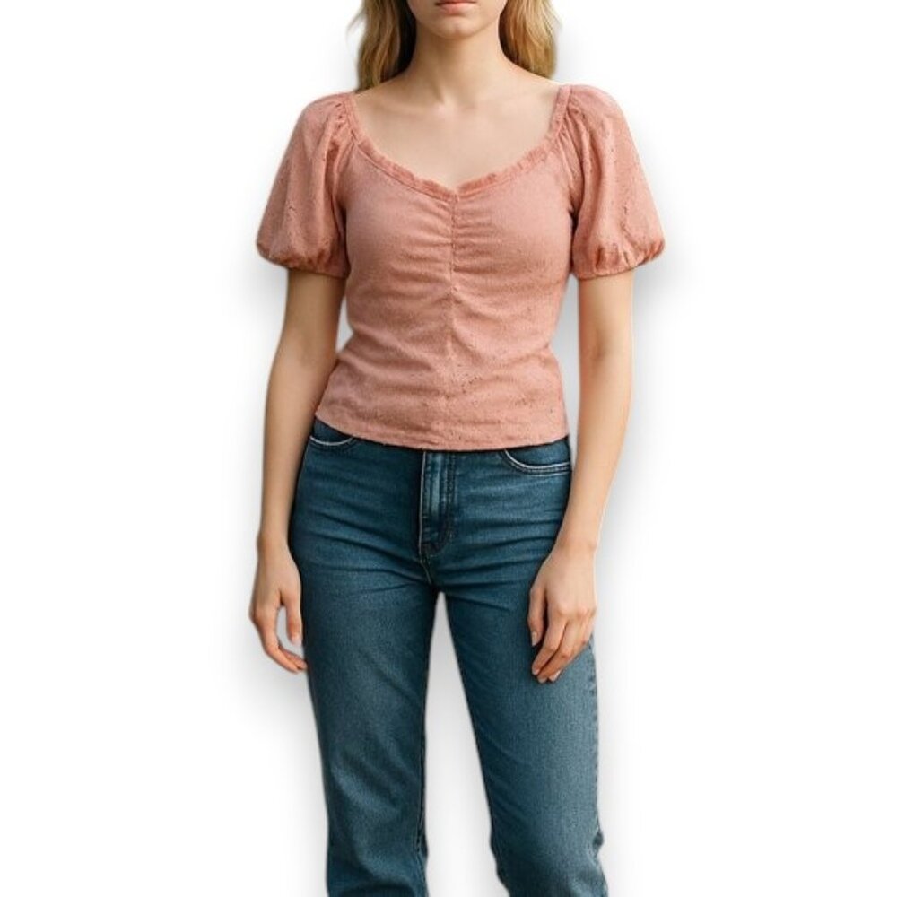 2/$8 PerSeption Concept Pink Fitted Puff Sleeve Blouse